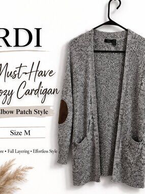 RDI Marled Knit Open Cardigan Size M Gray Elbow Patch Cozy Layering Sweater
